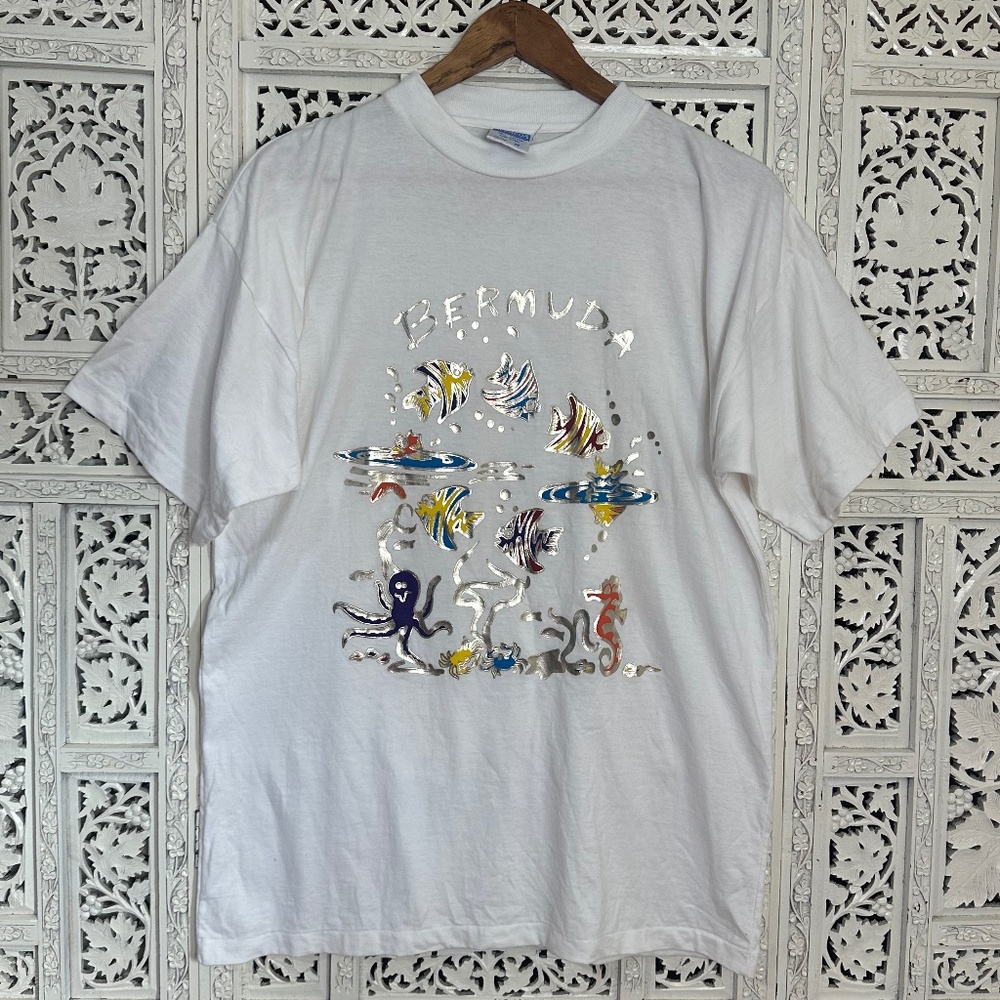 Vintage Davidsons Metallic Fish Nautical Bermuda T Shirt‎ Sz Medium